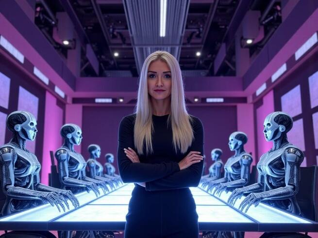 Businesswoman standing confidently in a futuristic boardroom surrounded by AI robots, representing Ethical Edge Solutions as experts in business automation and artificial intelligence.